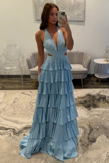 Sparkly A Line Halter Neck Long Tiered Blue Beaded Prom Dress with High Slit DP7432