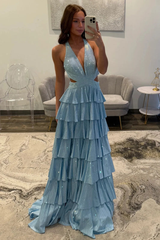 Sparkly A Line Halter Neck Long Tiered Blue Beaded Prom Dress with High Slit DP7432