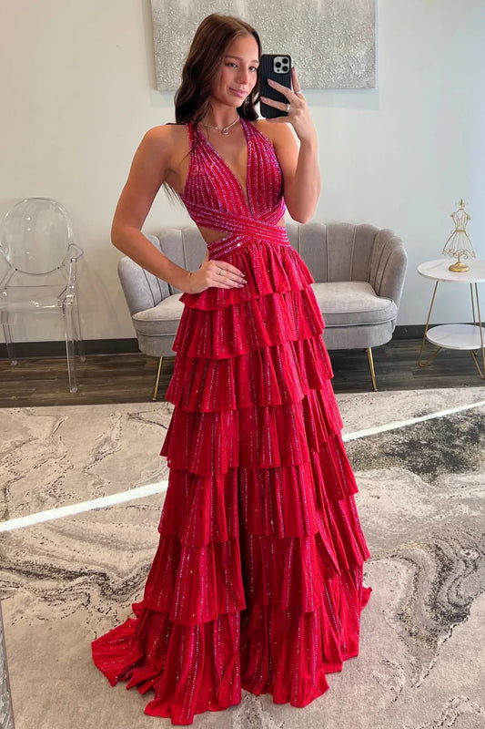 Sparkly A Line Halter Neck Long Tiered Red Beaded Prom Dress with High Slit DP7433