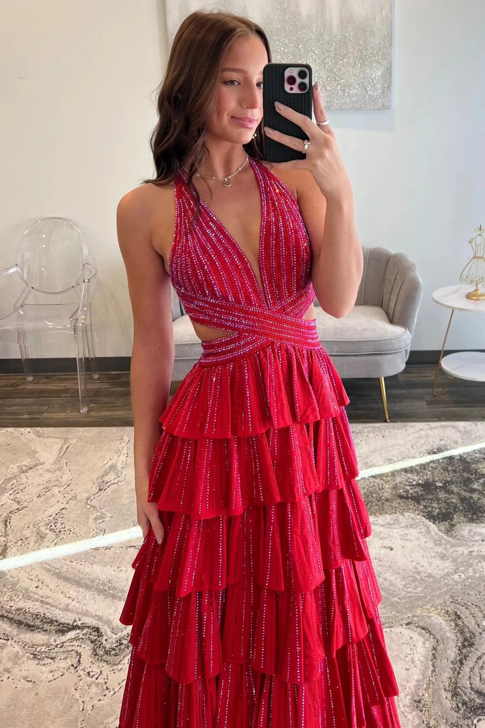 Sparkly A Line Halter Neck Long Tiered Red Beaded Prom Dress with High Slit DP7433