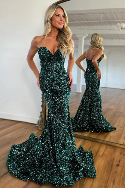 Glitter Sequin Dark Green Mermaid Sweetheart Long Prom Party Dress DP7756