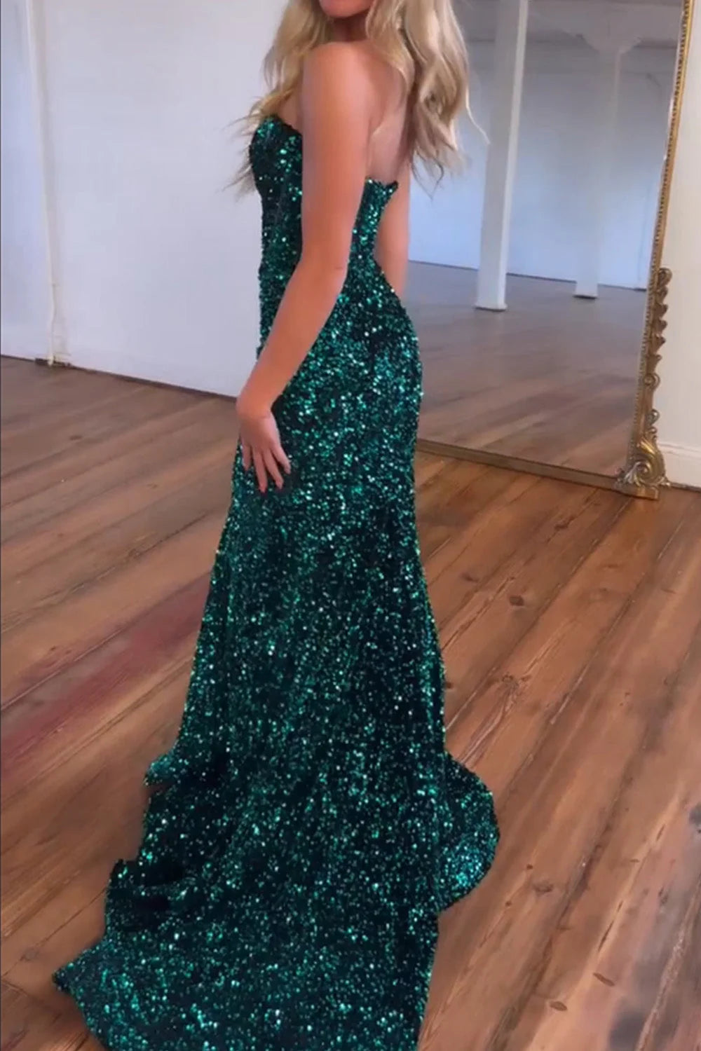 Glitter Sequin Dark Green Mermaid Sweetheart Long Prom Party Dress DP7756