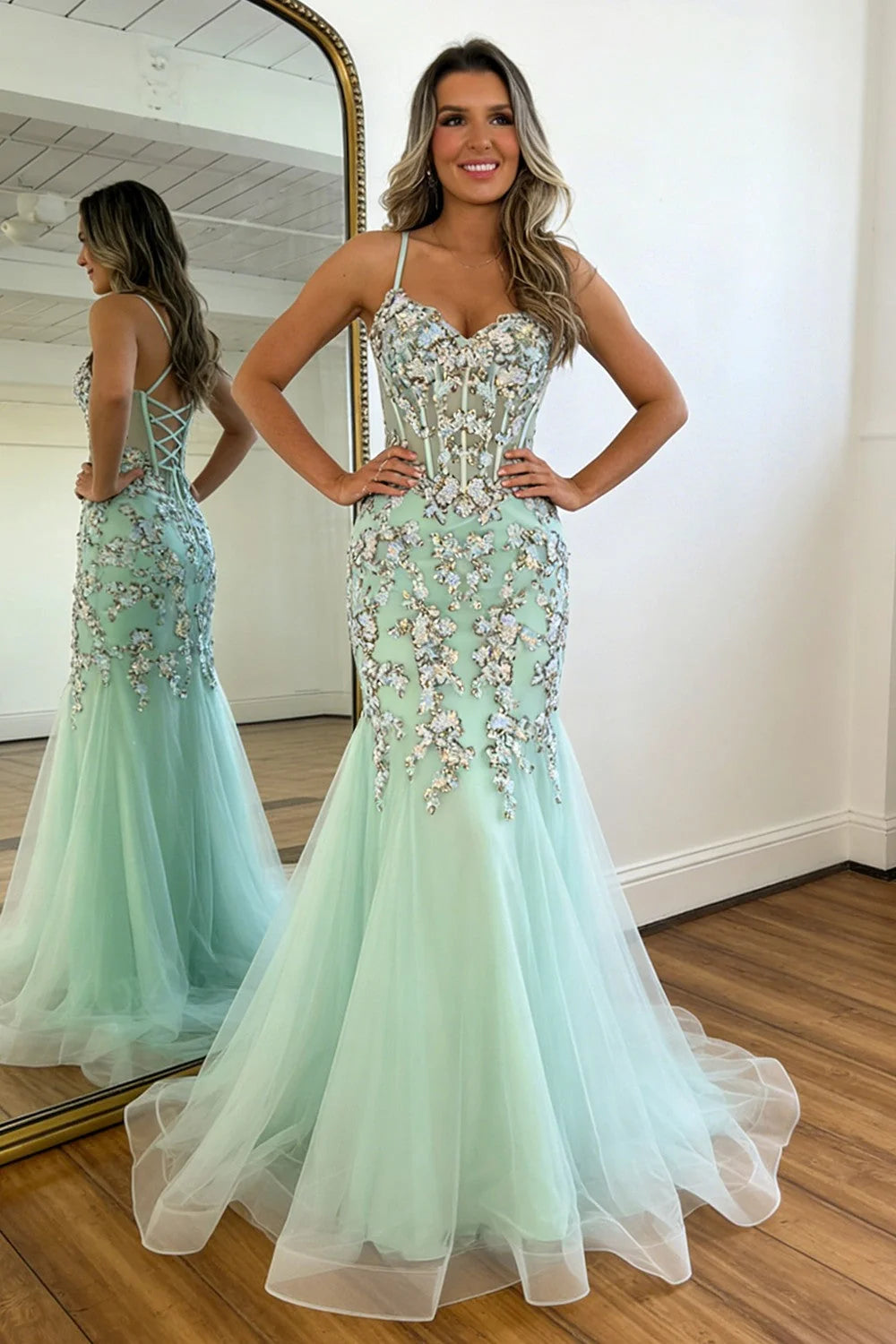 Glitter Mermaid Sequin Mint Green Spaghetti Straps Corset Prom Dress with Tulle Skirt DP7448