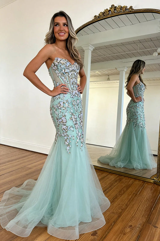 Glitter Mermaid Sequin Mint Green Spaghetti Straps Corset Prom Dress with Tulle Skirt DP7448
