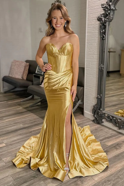 Gold Mermaid Sweetheart Long Metallic Prom Dress With Slit DP7728