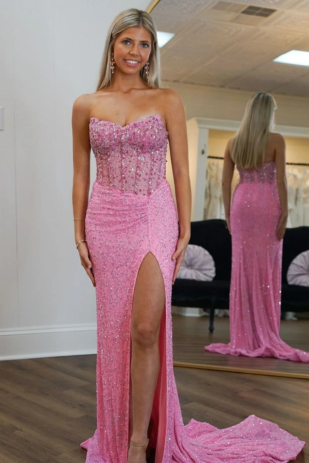 Gorgeous Mermaid Pink Strapless Long Glitter Beaded Prom Dress with Slit DP7713