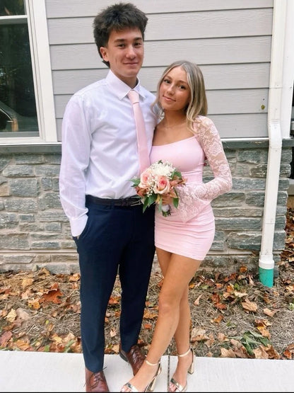 Chic Sheath Square Neck Light Pink Short Homecoming Dress with Long Sleeves DP7354