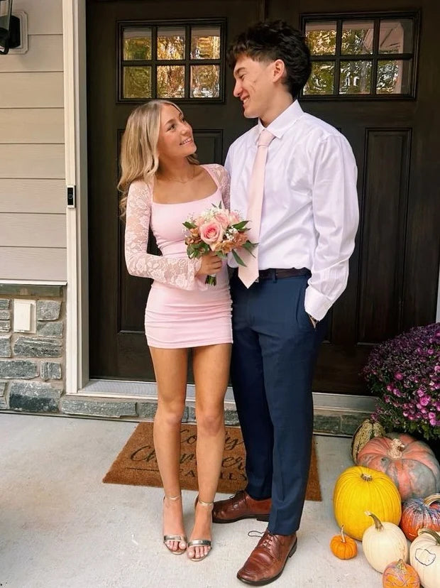 Chic Sheath Square Neck Light Pink Short Homecoming Dress with Long Sleeves DP7354