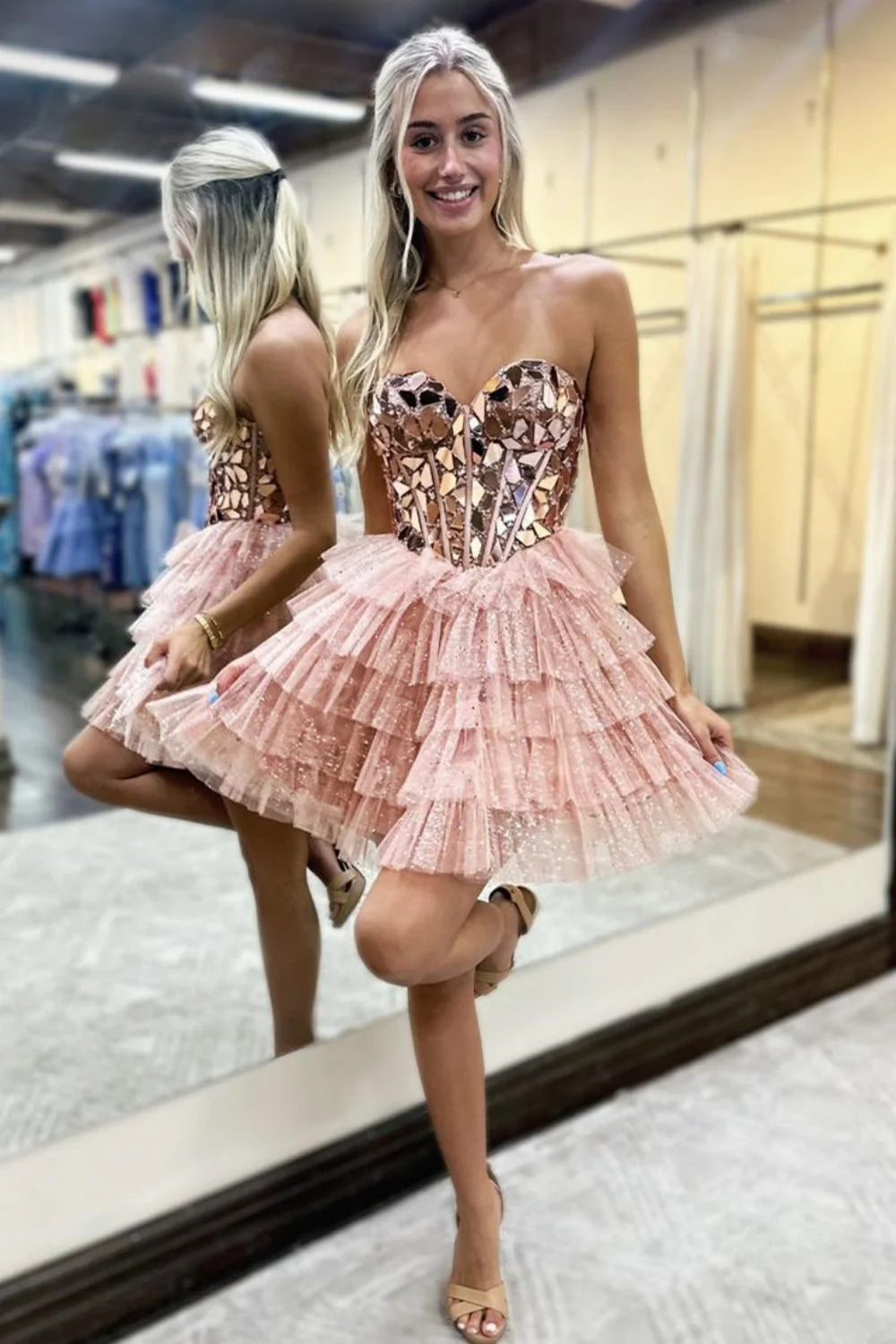 Pink Gorgeous A-Line Sweetheart Short Tiered Tulle Homecoming Dress with Mirror DP7398