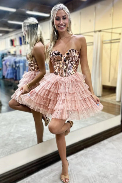Pink Gorgeous A-Line Sweetheart Short Tiered Tulle Homecoming Dress with Mirror DP7398