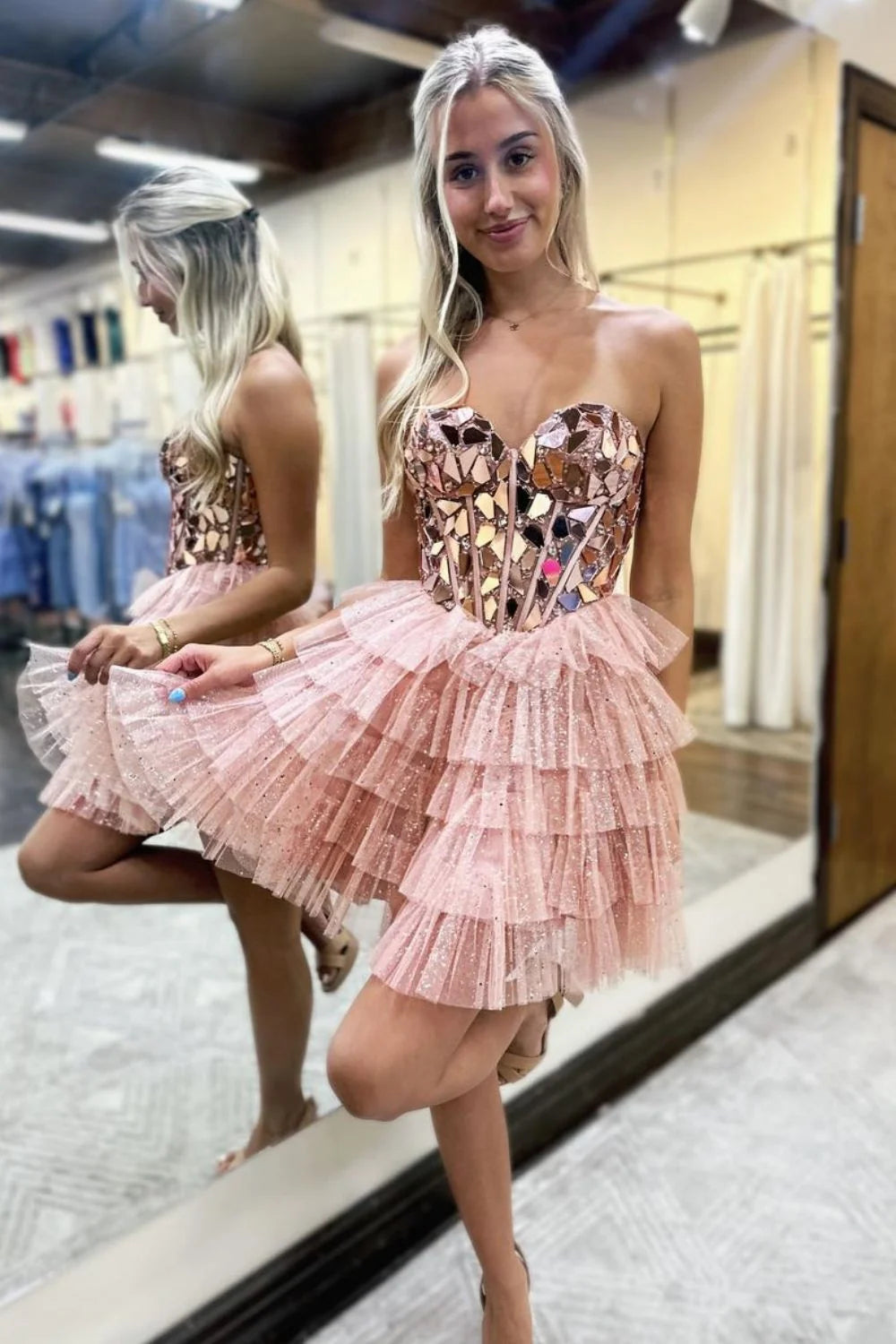 Pink Gorgeous A-Line Sweetheart Short Tiered Tulle Homecoming Dress with Mirror DP7398