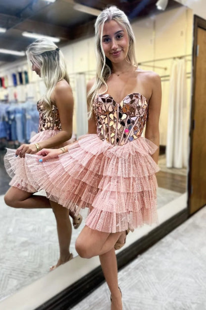 Pink Gorgeous A-Line Sweetheart Short Tiered Tulle Homecoming Dress with Mirror DP7398