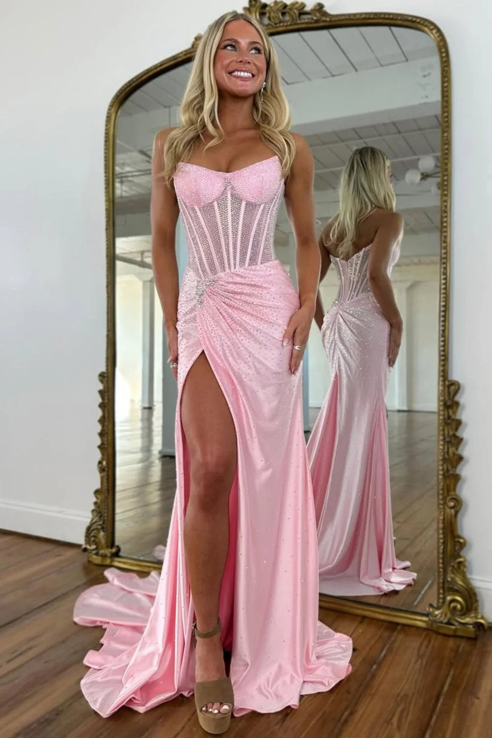 Gorgeous Pink Mermaid Strapless Long Beaded Prom Dress with High Slit DP7735