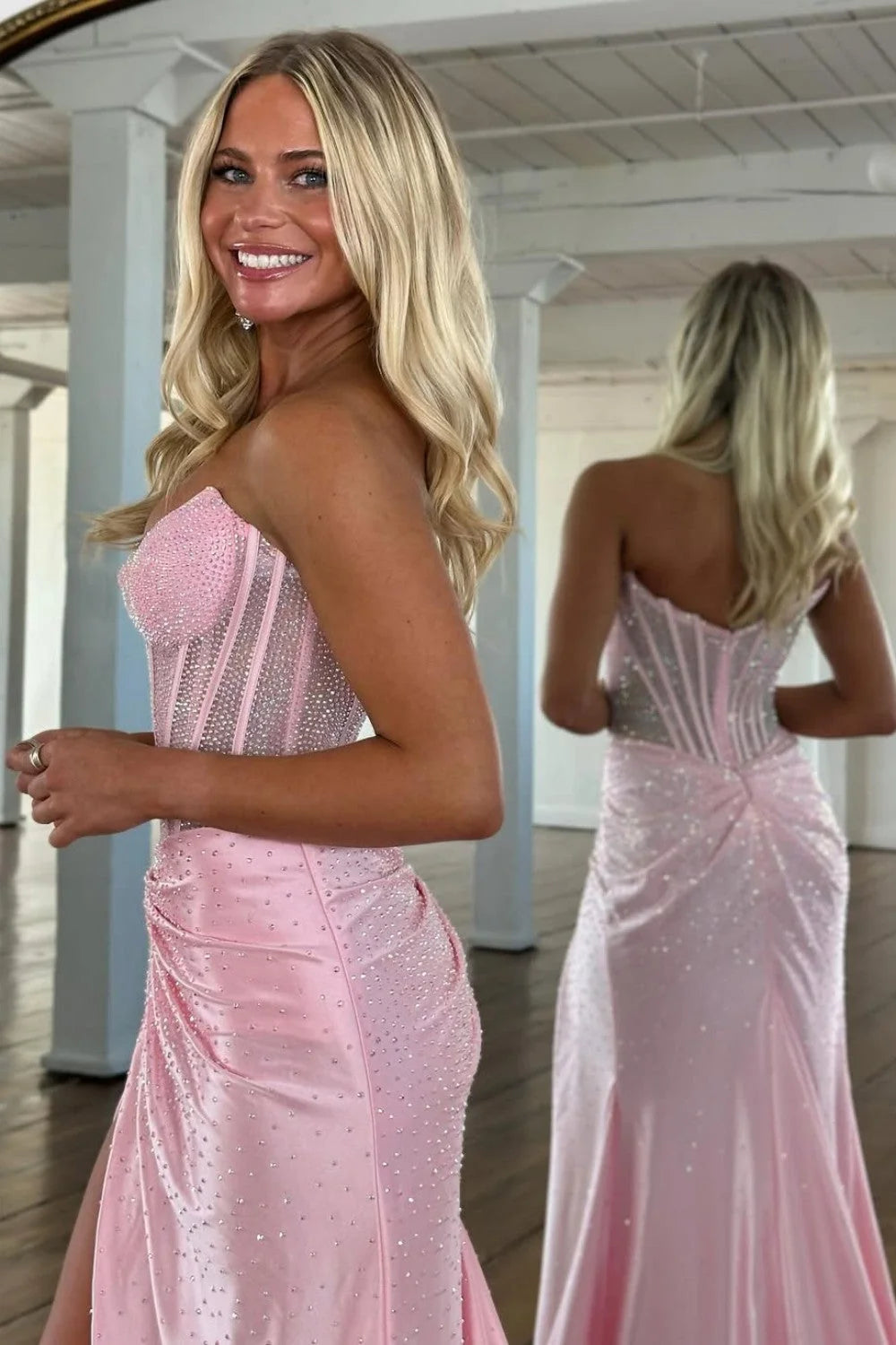 Gorgeous Pink Mermaid Strapless Long Beaded Prom Dress with High Slit DP7735