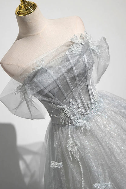 Gray Off Shoulder Pearl Beads Tulle Long Prom Dresses Evening Dresses DP1281