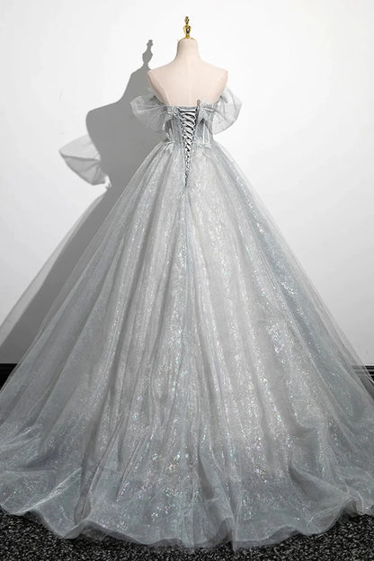 Gray Off Shoulder Pearl Beads Tulle Long Prom Dresses Evening Dresses DP1281