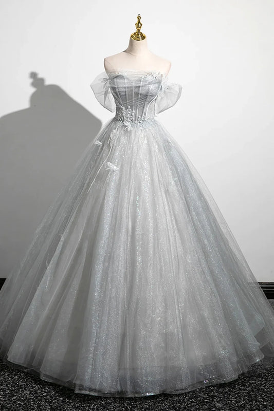 Gray Off Shoulder Pearl Beads Tulle Long Prom Dresses Evening Dresses DP1281