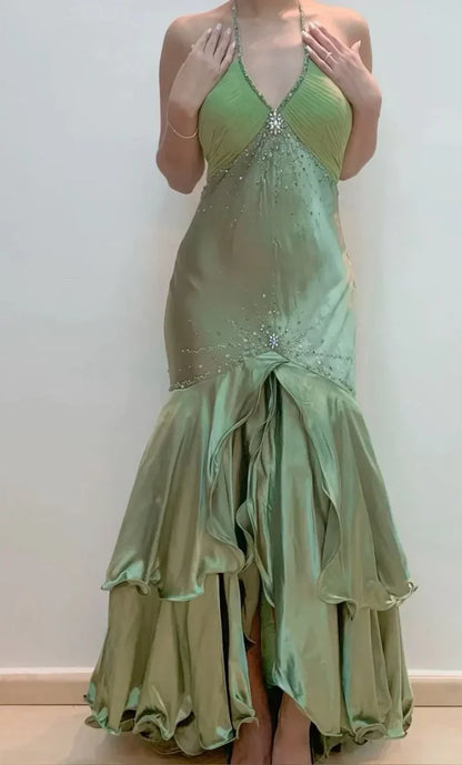 Elegant Mermaid Halter Beaded Green Satin Prom Dress Evening Dress DP2101