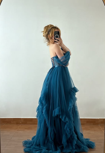 Peacock Blue A Line Off the Shoulder Tulle Prom Dress Evening Dress DP6040