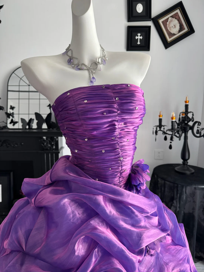 Vintage Purple Ball Gown Strapless Beaded Layered Satin Prom Dress Quinceanera Dress DP6962