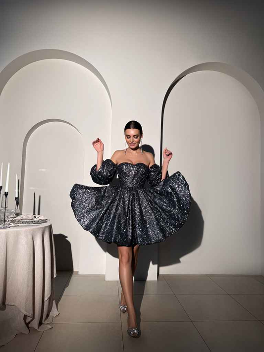 Shiny Ball Gown Puff Black Sequin Short Prom Dress Homecoming Dress DP3935