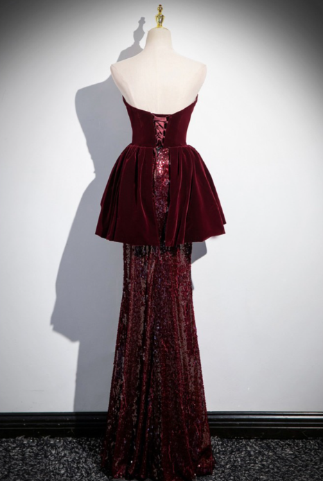 Burgundy Strapless Sequin Velvet Mermaid Evening Dress Long Prom Dress DP636