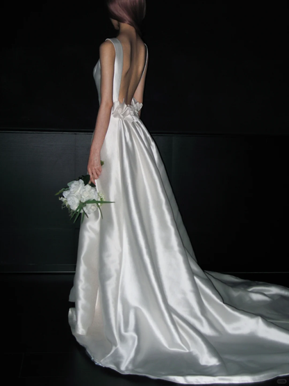 Simple Open Back A Line Round Neck White Satin Long Wedding Dress DP4417