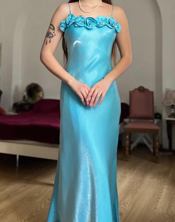 Dazzling Blue A Line Straps Floral Satin Prom Dress Evening Dress Date Dress DP5710