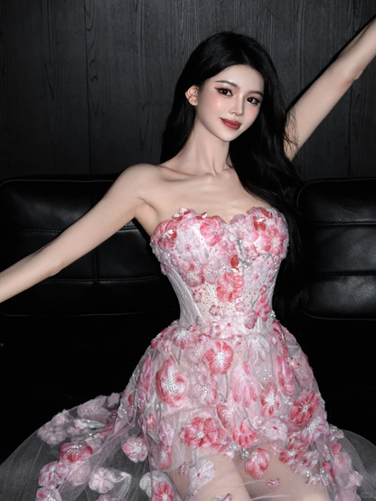Romantic Pink 3D Floral A Line Sweetheart Neck Tulle Date Dress Evening Dress Homecoming Dress DP2903
