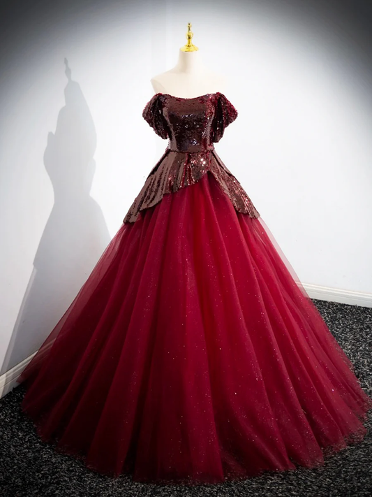 Off The Shoulder Burgundy Tulle Sequins Prom Dress Formal Evening Dress DP259