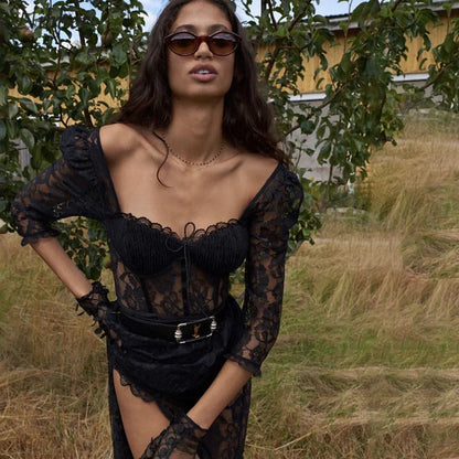 Sexy A Line Long Sleeve Corset Black Lace Prom Dress Evening Dress Outfits DP1439