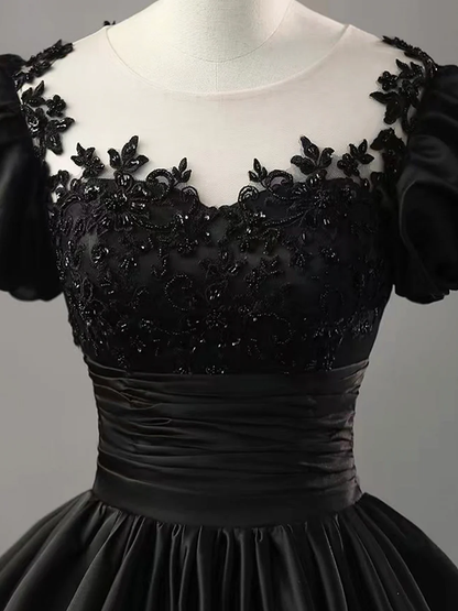 Black Scoop Neckline Satin Lace Beaded Long Prom Dress Party Dress Ball Gown DP397