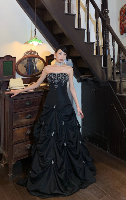 Vintage Ball Gown Strapless Beaded Black Satin  Prom Dress Evening Dress DP5143