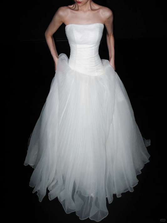 Simple Beautiful Ball Gown Strapless White Satin Tulle Long Wedding Dress DP6363