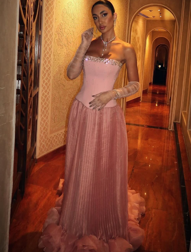 Pretty Pink Rhinestone Strapless Tulle Satin Long Prom Dress Date Dress Evening Dress DP2998