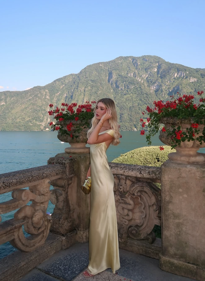 Light Yellow A Line Off the Shoulder Satin Open Back Prom Dress Evening Dress DP5404