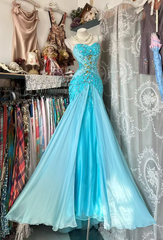 Vintage Bright Blue Mermaid Exquisite Beaded Chiffon Satin Prom Dress Evening Dress DP5242