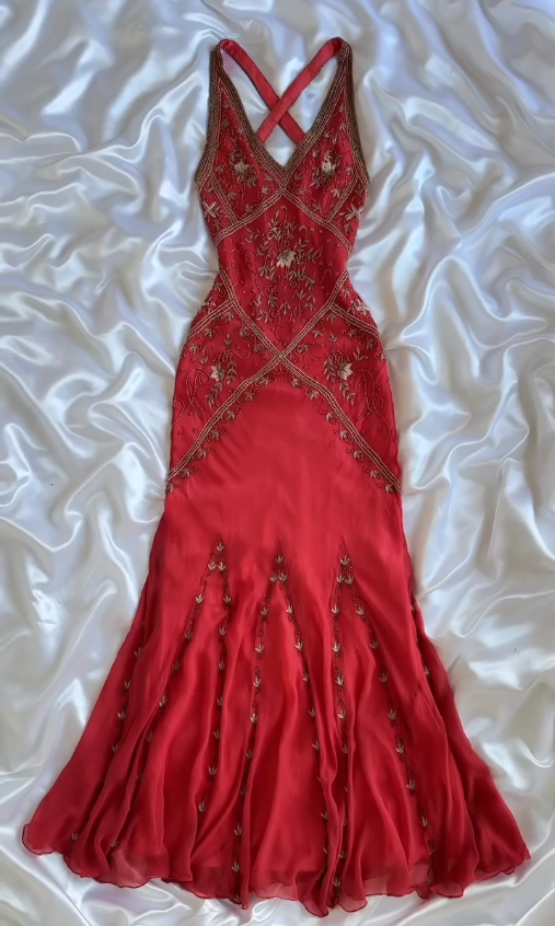 Vintage Red Mermaid V Neck Beaded Chiffon Prom Dress DP5072