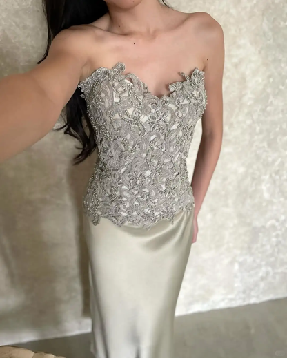 Gentle Sheath Sweetheart Neck Lace Beaded Satin Prom Dress DP4588
