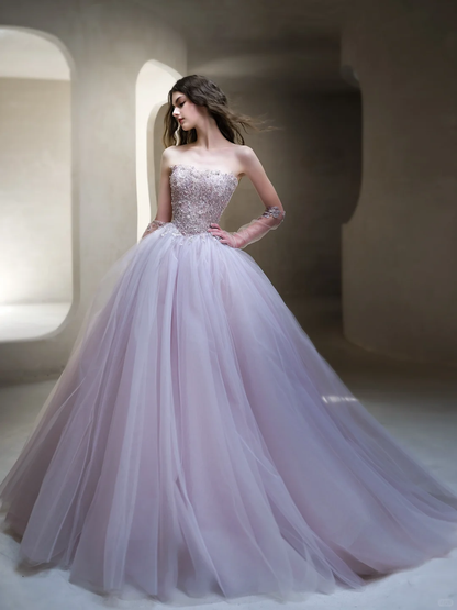 Lilac A Line Sweetheart Neck Beaded Tulle Long Date Dress Prom Dress Evening Dress DP3433