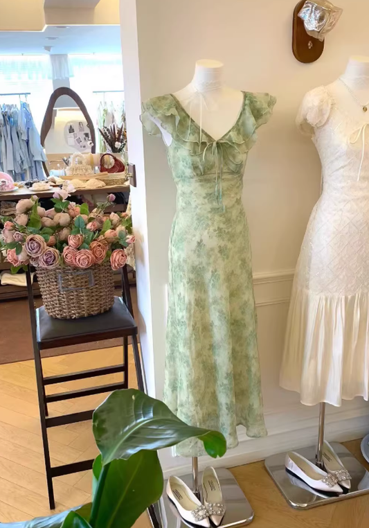 Cute A Line V Neck Print Floral Light Green Chiffon Prom Dress Outfits DP4712