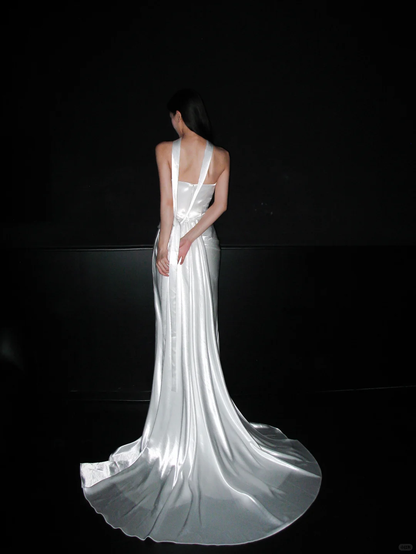 Simple Mermaid Strapless White Satin Long Wedding Dress DP8117