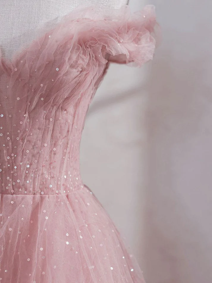 Pink Princess Tulle Sequin Prom Dress Off The Shoulder Long Evening Dress DP014