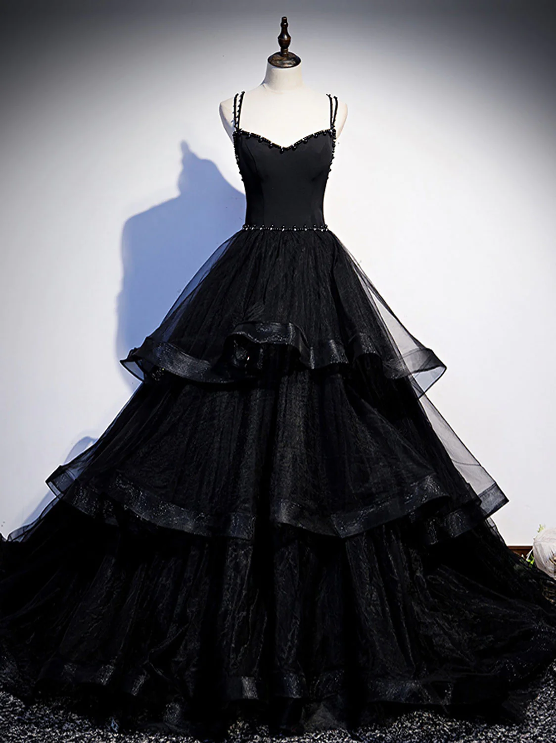 Black V Neck Tulle Beading Long Prom Dress Wedding Dress DP063