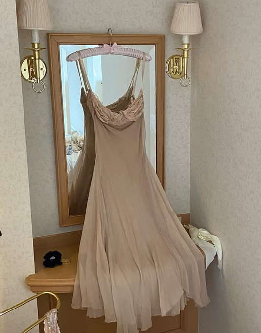 Khaki A Line Spaghetti Straps Lace Chiffon Prom Dress Evening Dress DP4018