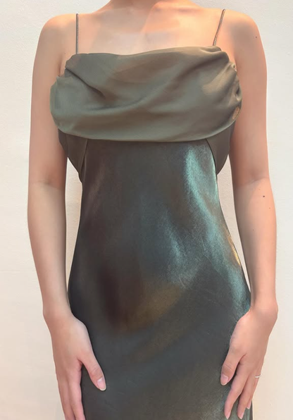 Vintage Dark Green Simple Sheath Chiffon Satin Prom Dress Evening Dress Date Dress DP5280