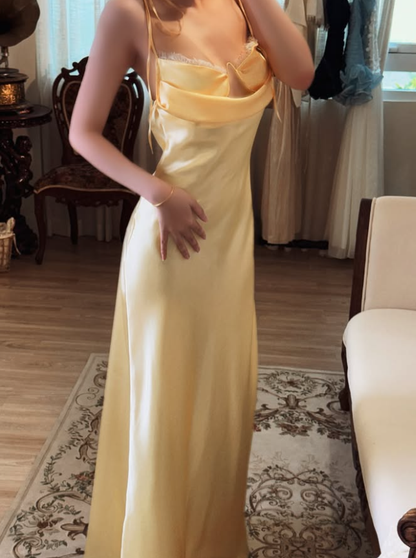Yellow A Line Spaghetti Strap Lace Satin Prom Dress Evening Dress DP7950
