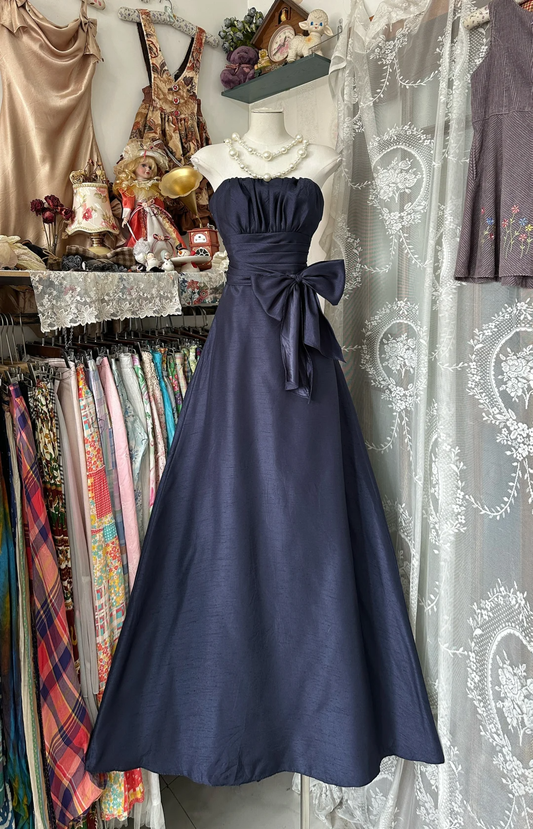 Vintage A Line Strapless Bow Navy Blue Satin Long Prom Dress DP4851