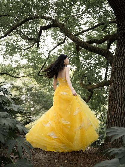 Yellow A Line Strapless White Appliques Tulle Long Prom Dress Party Dress DP4304