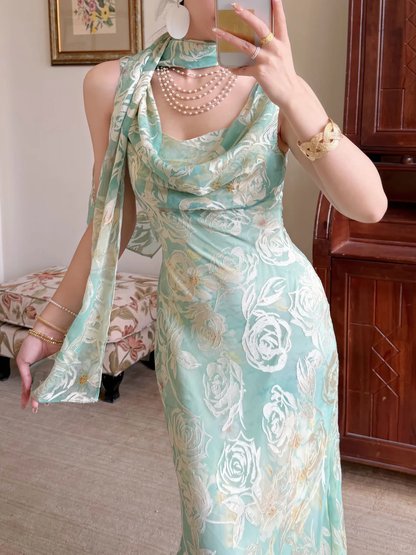 Light Green Mermaid Rose Print Chiffon Long Prom Dress Evening Dress DP5650